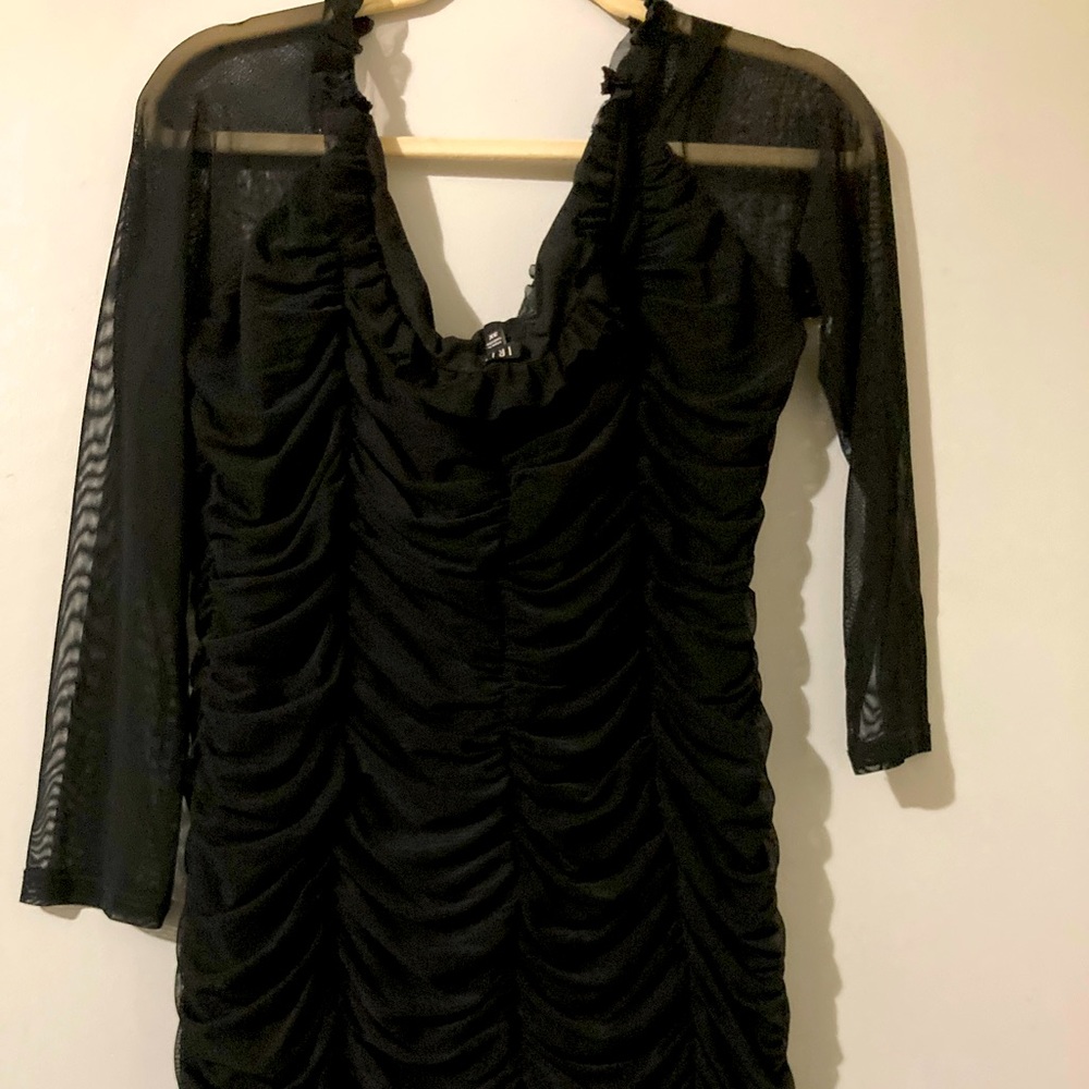 Sexy black ruched bodycon dress with sheer sleeves